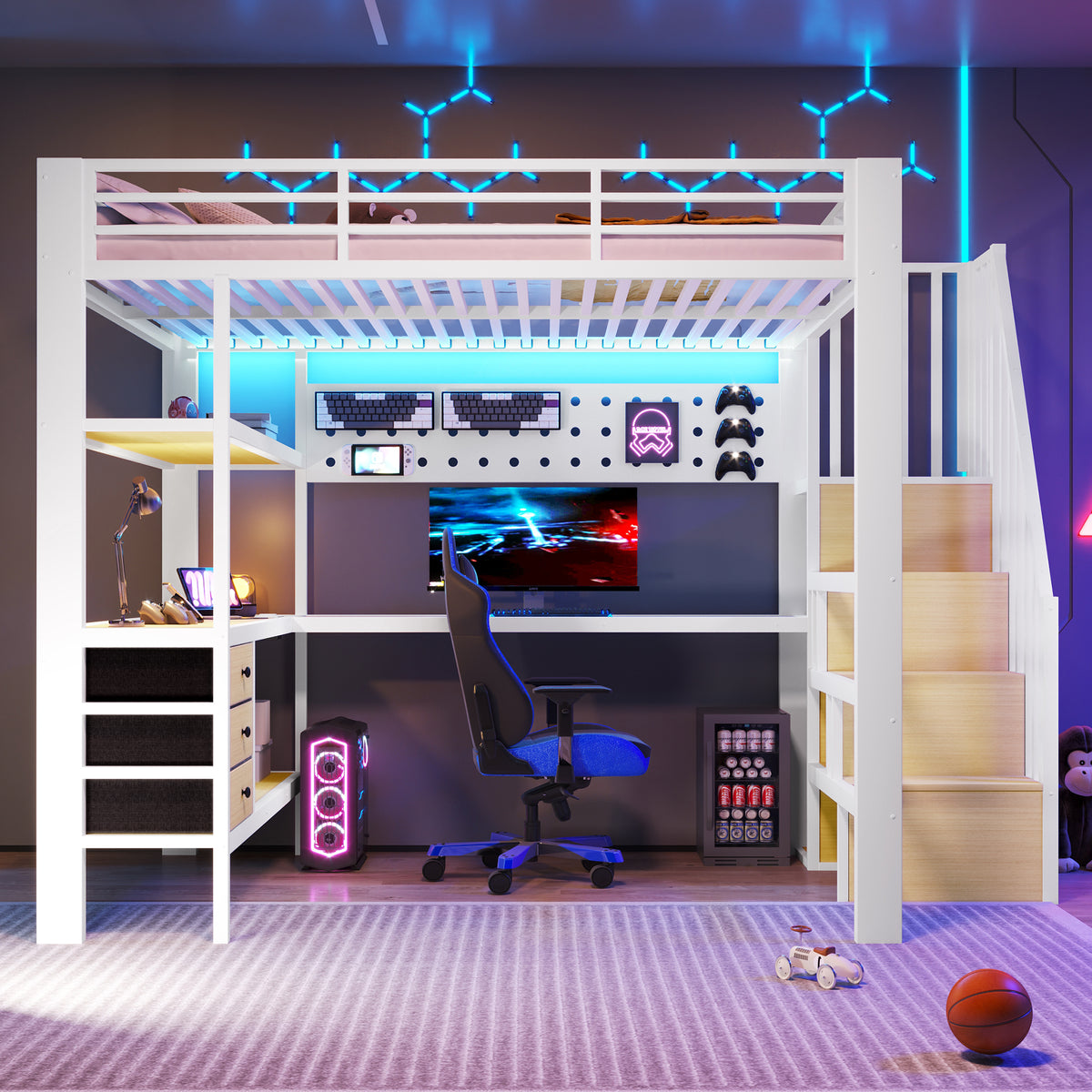 Loft Bed 140x200cm with Desk & Storage, White Metal