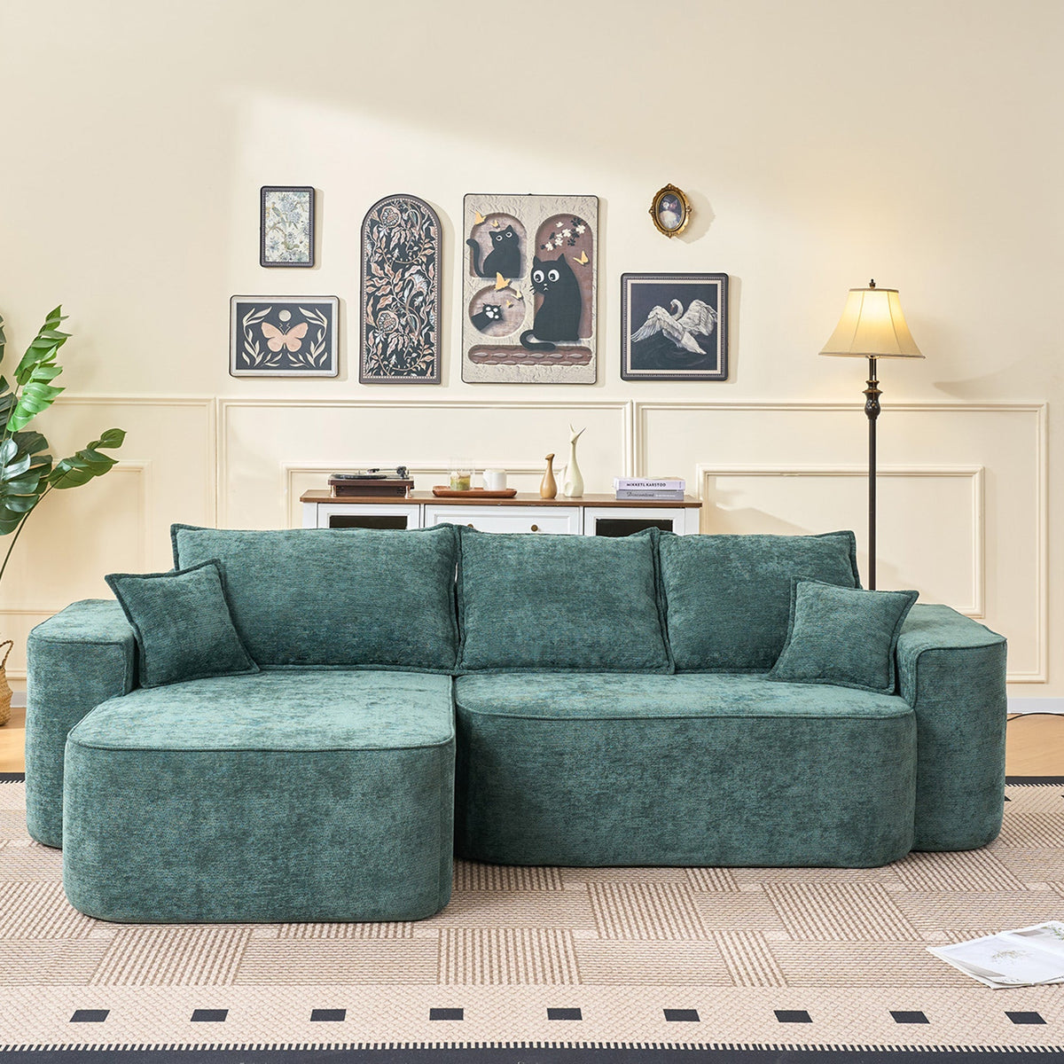 Cloud Couch L-Shaped Corner Sofa, 262cm with XXL Deep Seat and Chaise Longue, Green Chenille