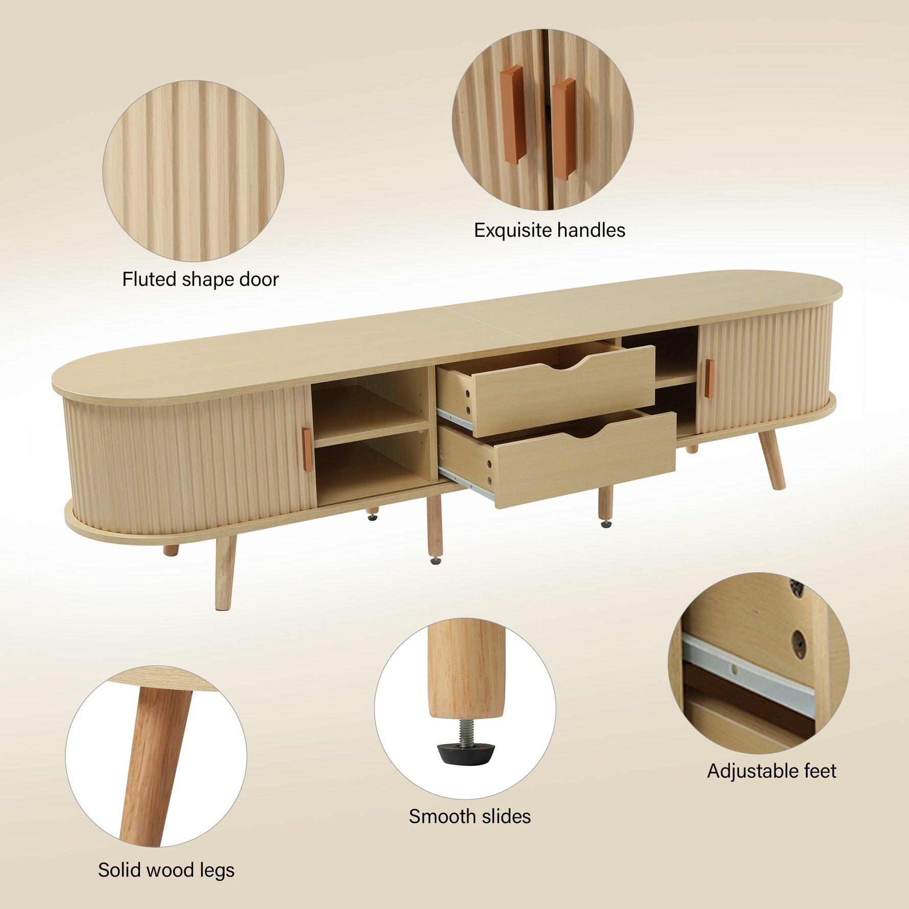 Living Room TV Cabinet with Storage, Round Table Top, 2 Drawers, MDF Wood Grain