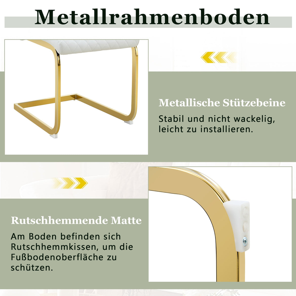 Dining Chair Set of 2, High Backrest and Padded Cushion with Diamond Pattern, White and Gold Metal