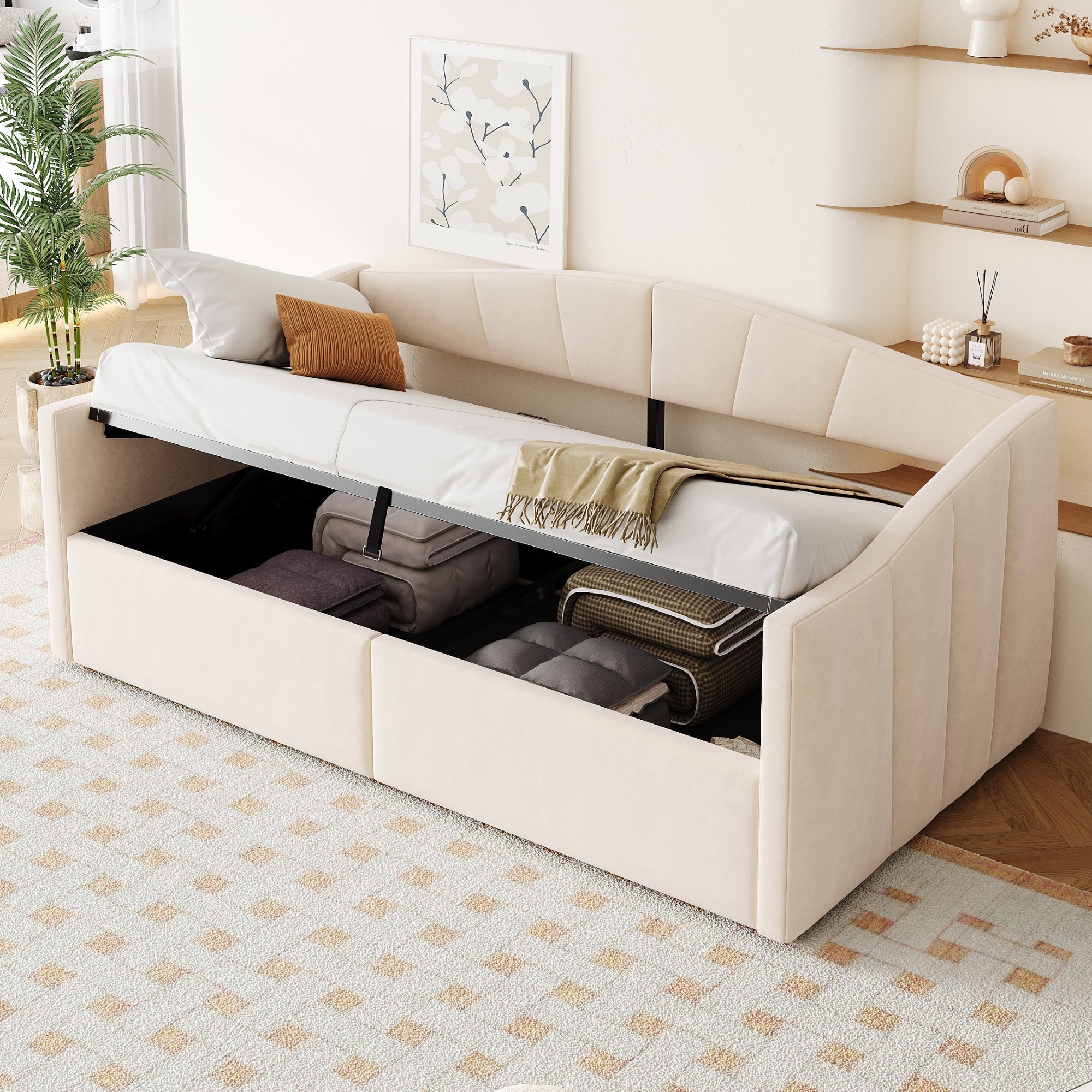 Upholstered Single Sofa Bed 90x200cm Hydraulic Storage Armrests Striped - Velvet Beige