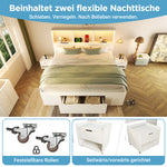 Double Bed 140x190cm with Storage, LED & USB, White Wood