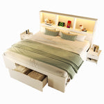 Double Bed 140x190cm with Storage, LED & USB, White Wood