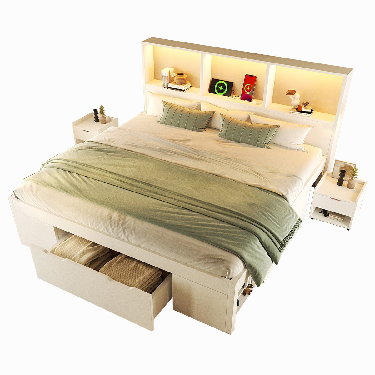 Double Bed 140x190cm with Storage, LED & USB, White Wood