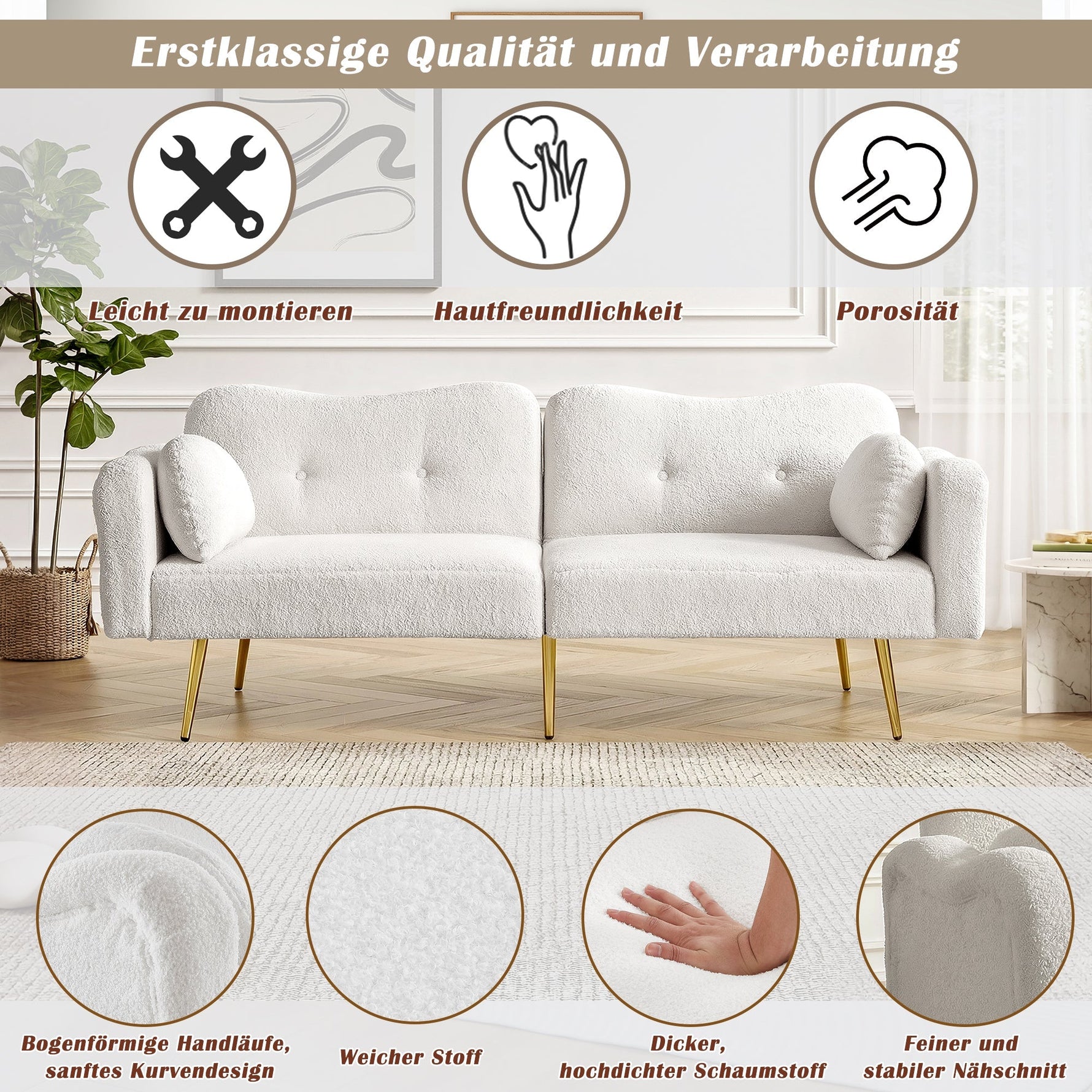 Two-Seater Sofa Bed Adjustable Backrest Gold Metal Feet