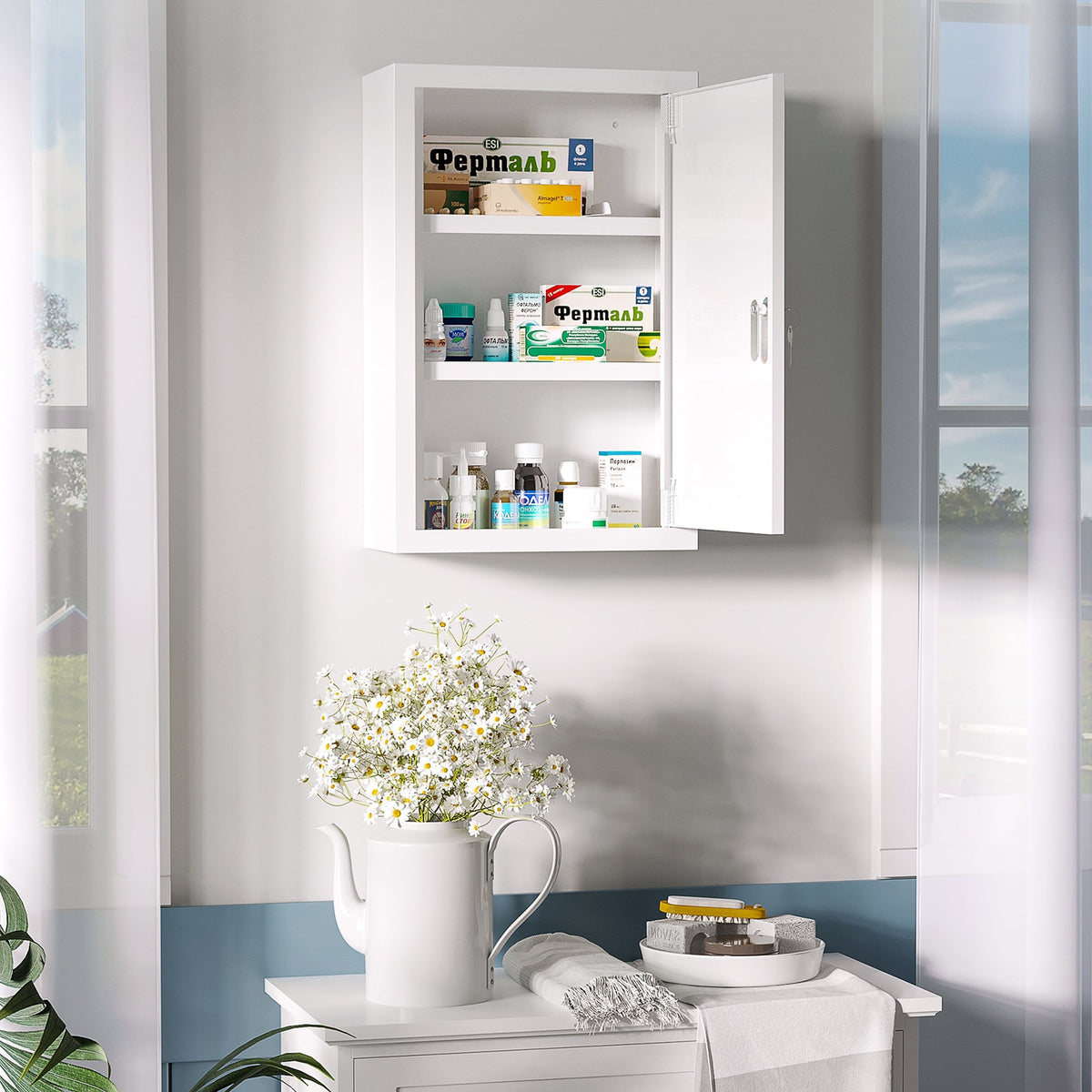 kleankin Medicine Cabinet, 3 Layers, Lockable, Steel, White