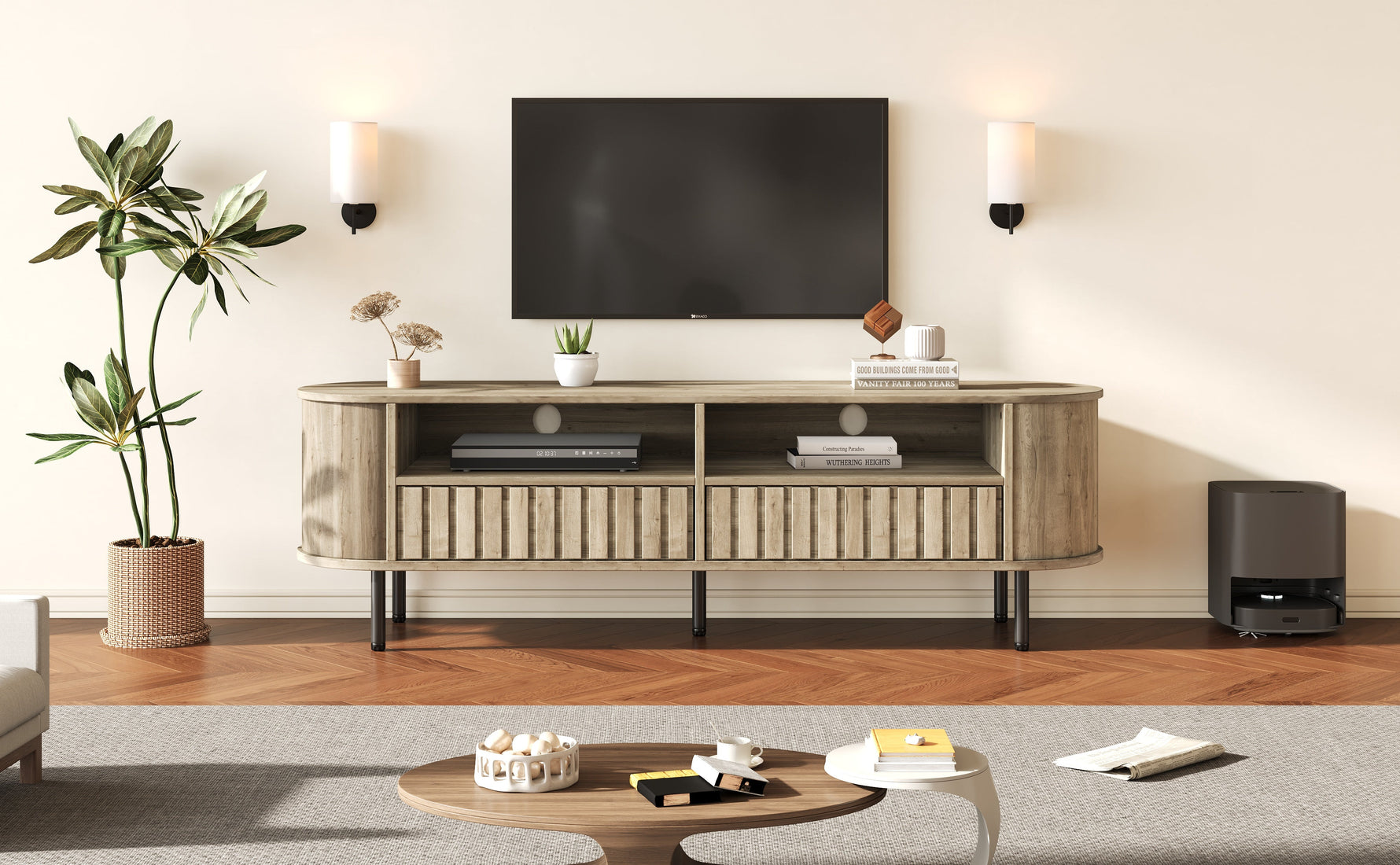 TV Cabinet Lowboard 160cm 2 Doors 2 Drawers for 65 Inch - Natural Wood