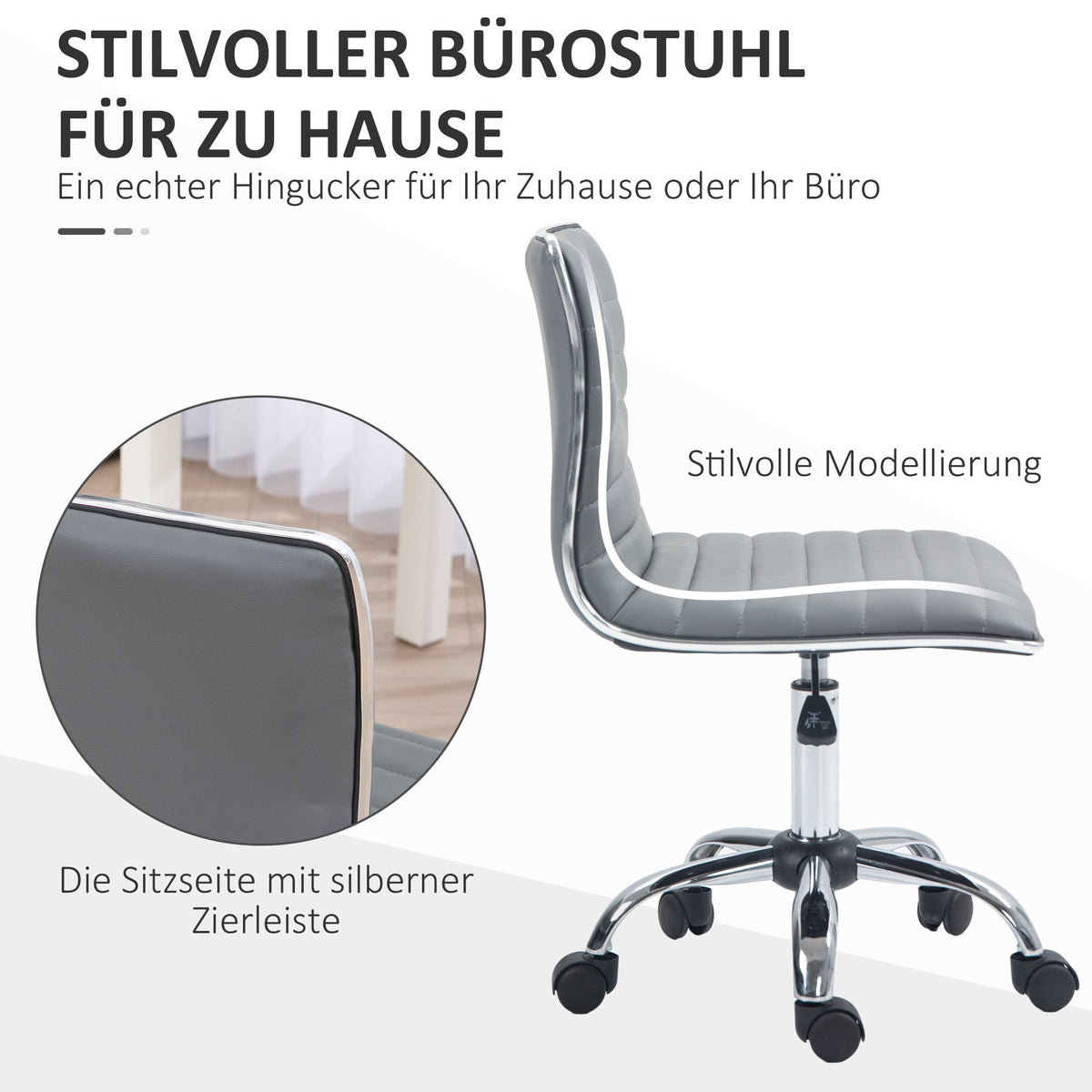 Office Chair, Height-Adjustable Swivel with Wheels, Light Grey