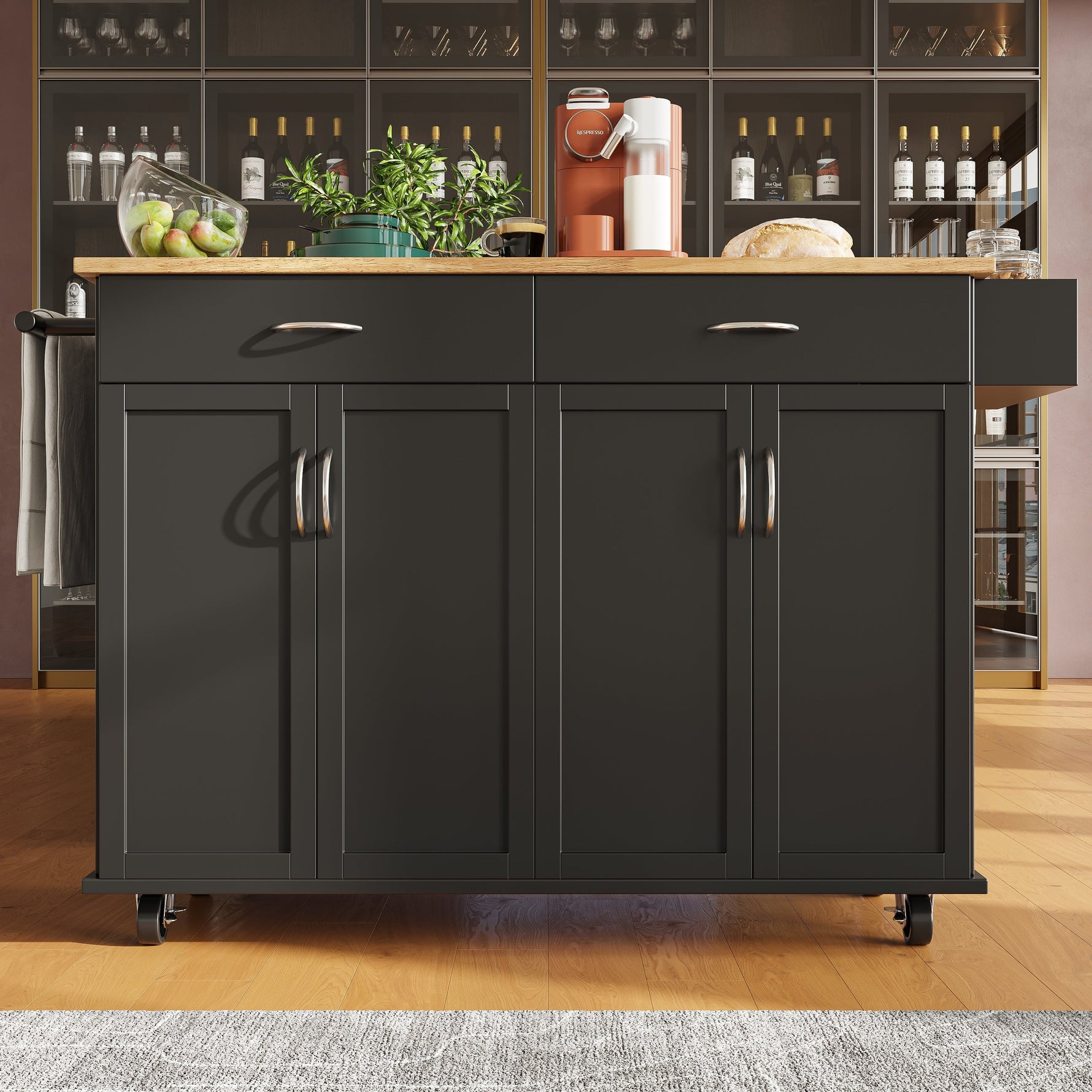 Modern Kitchen Island Multifunctional Dining Cart Storage - Black