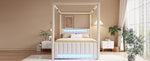 Upholstered Four-Poster Bed 140x200cm, 3 Drawers & LED, Beige