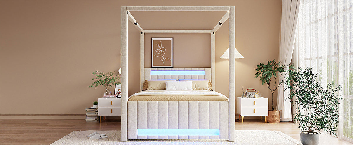 Upholstered Four-Poster Bed 140x200cm, 3 Drawers & LED, Beige