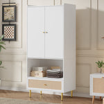 Wardrobe with 2 Doors, Rattan Drawer and Clothes Rail, White