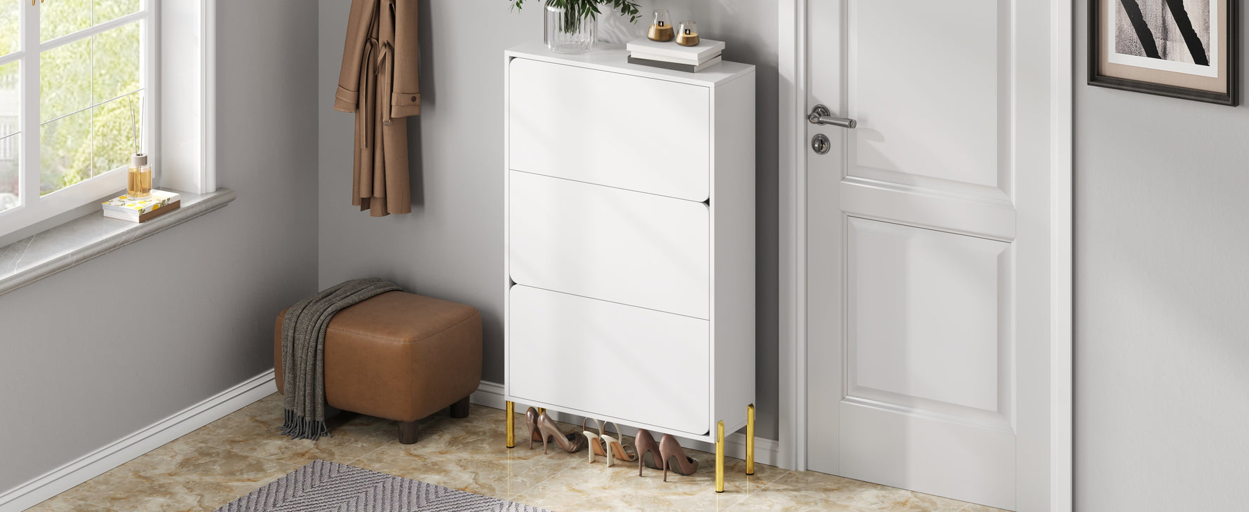 Modern Minimalist Shoe Cabinet with 3 Doors and Large Capacity, White and Gold