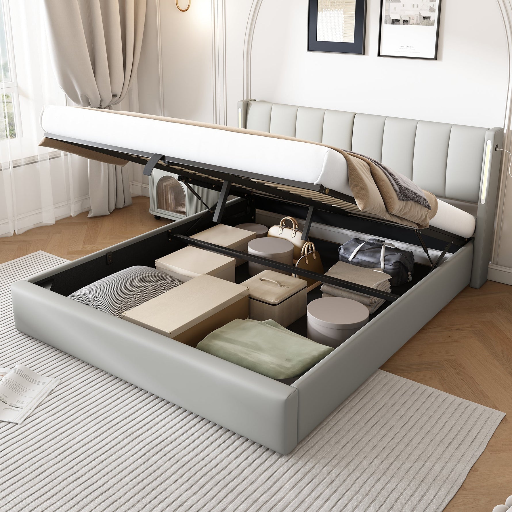 Upholstered Bed 140x200cm Hydraulic Storage LED USB Adjustable Headboard PU Grey