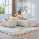 Modular Corduroy Sofa for 2 People with Ottomans, Cup Holder and Side Pocket, Beige