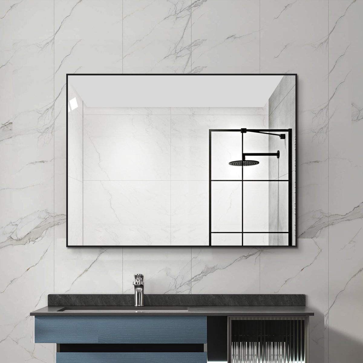 Bathroom Mirror 60x80 cm, HD Wall Mount, Black Aluminum Frame
