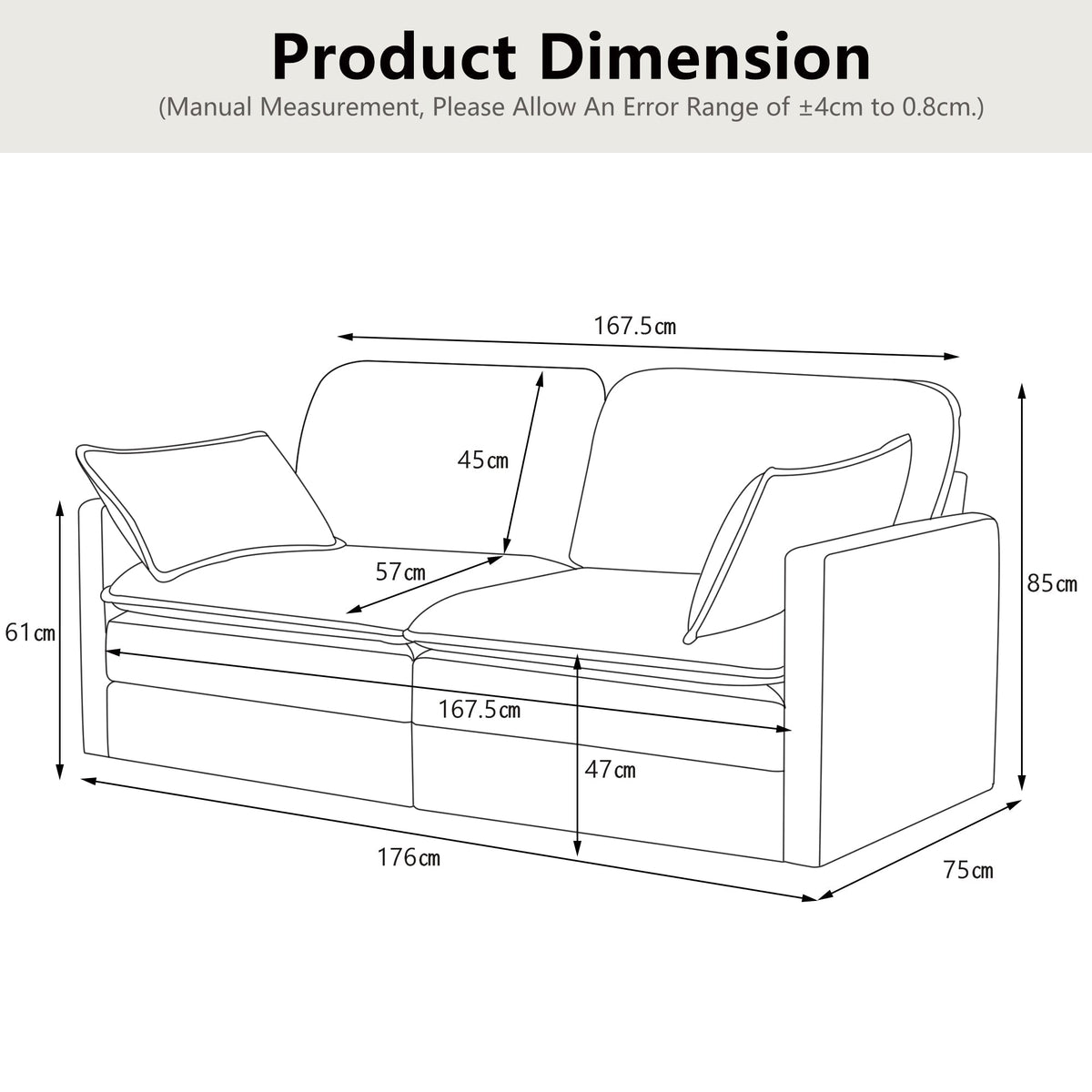 Modern Minimalist Sofa, 2-Seater Comfortable and Spacious, Living Room/Bedroom