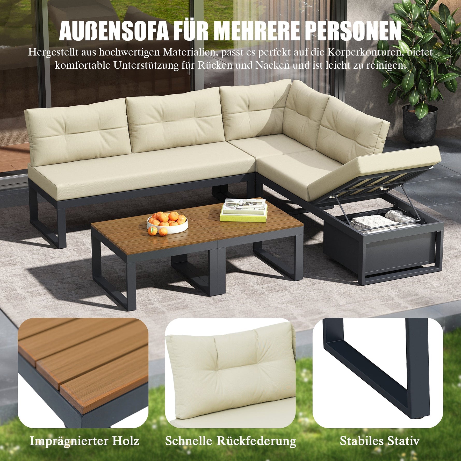 Garden Furniture Set with 3-Position Adjustable Reclining Backrest, Comfort Cushions and Storage, Beige