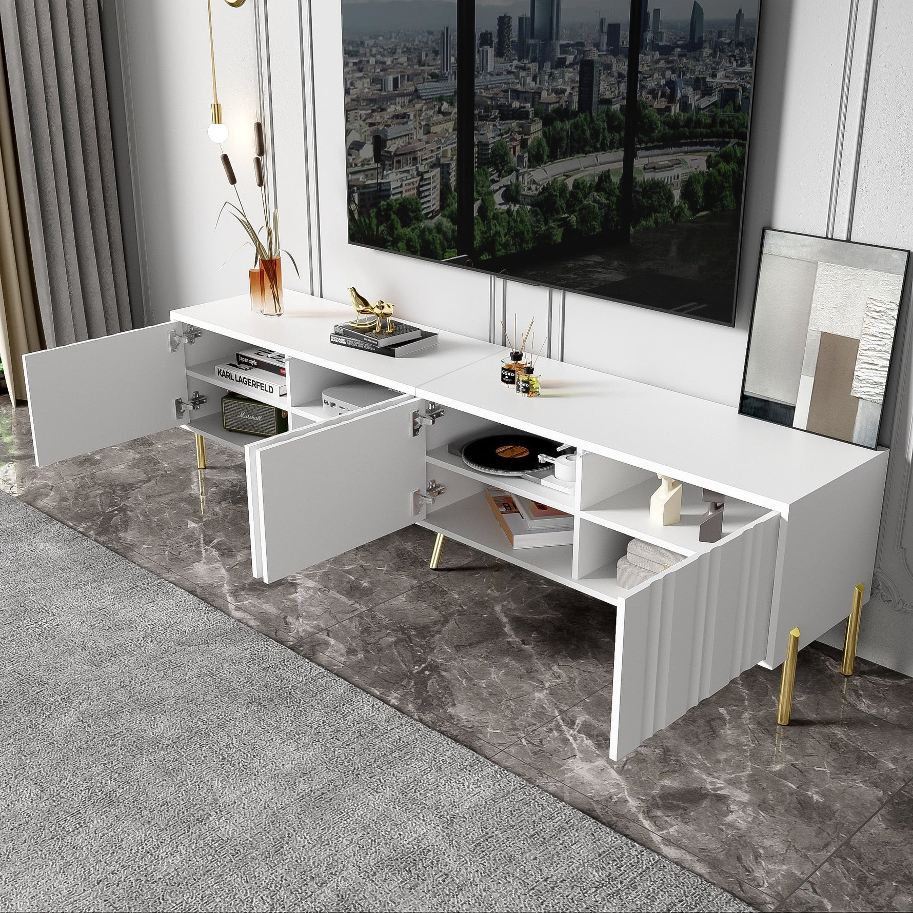 TV Cabinet 190cm Grooved Door Gold Legs - White