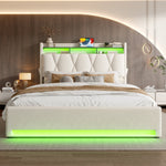 Upholstered Bed Frame, LED Lighting, USB-C Charging, Storage, Beige