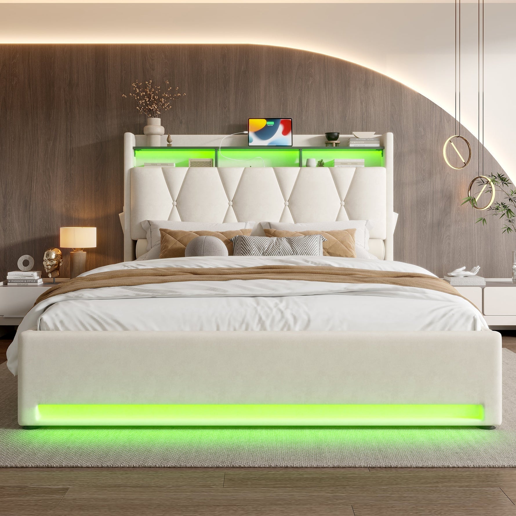 Upholstered Bed Frame, LED Lighting, USB-C Charging, Storage, Beige