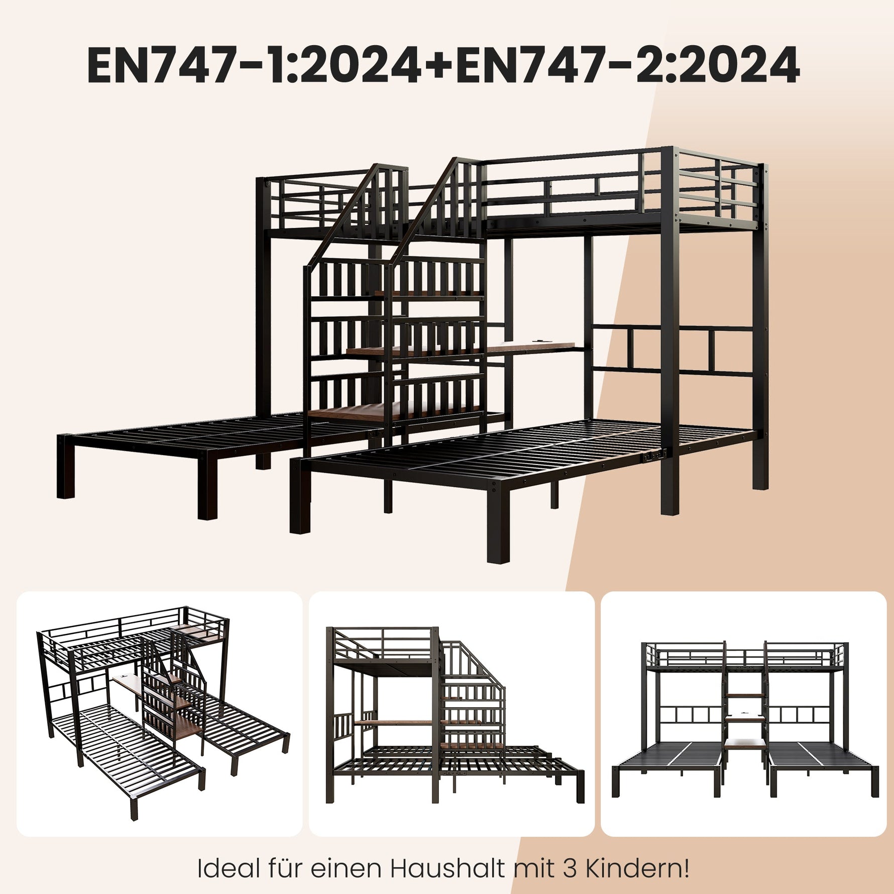 Bunk Bed with 3 Beds, LED Lights, Desk and USB Ports, Black