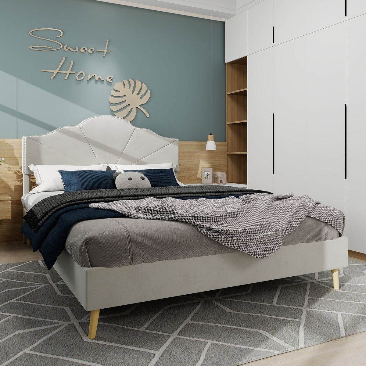 Modern Minimalist Soft Bed, Comfortable Headboard, 140*200CM, Beige