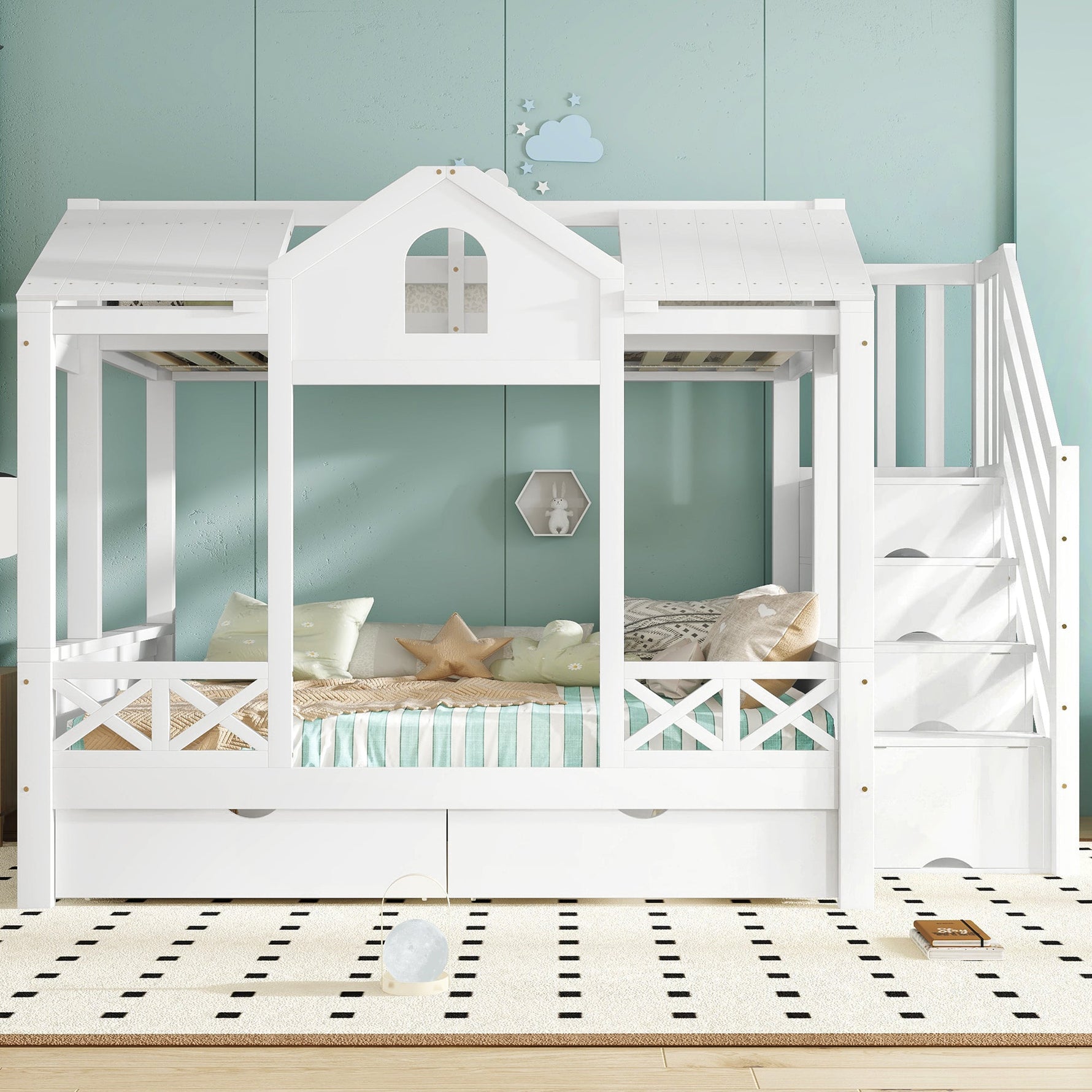 Bunk Bed with Windows Roof Stair Storage Drawers 90/140x200cm White Pine