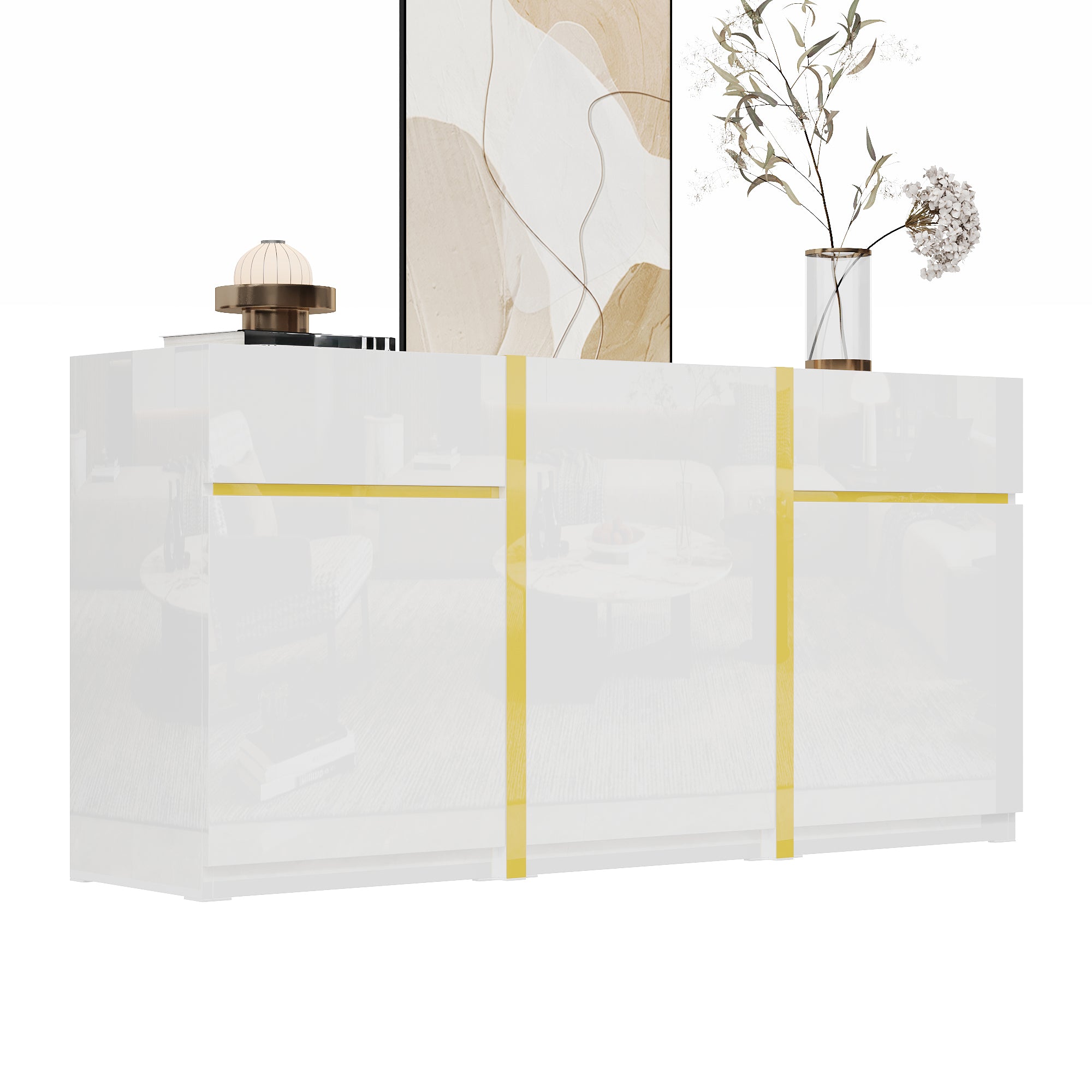 Luxurious Sideboard with 3 Doors and 2 Drawers, High-Gloss Lacquer Finish, White Wood
