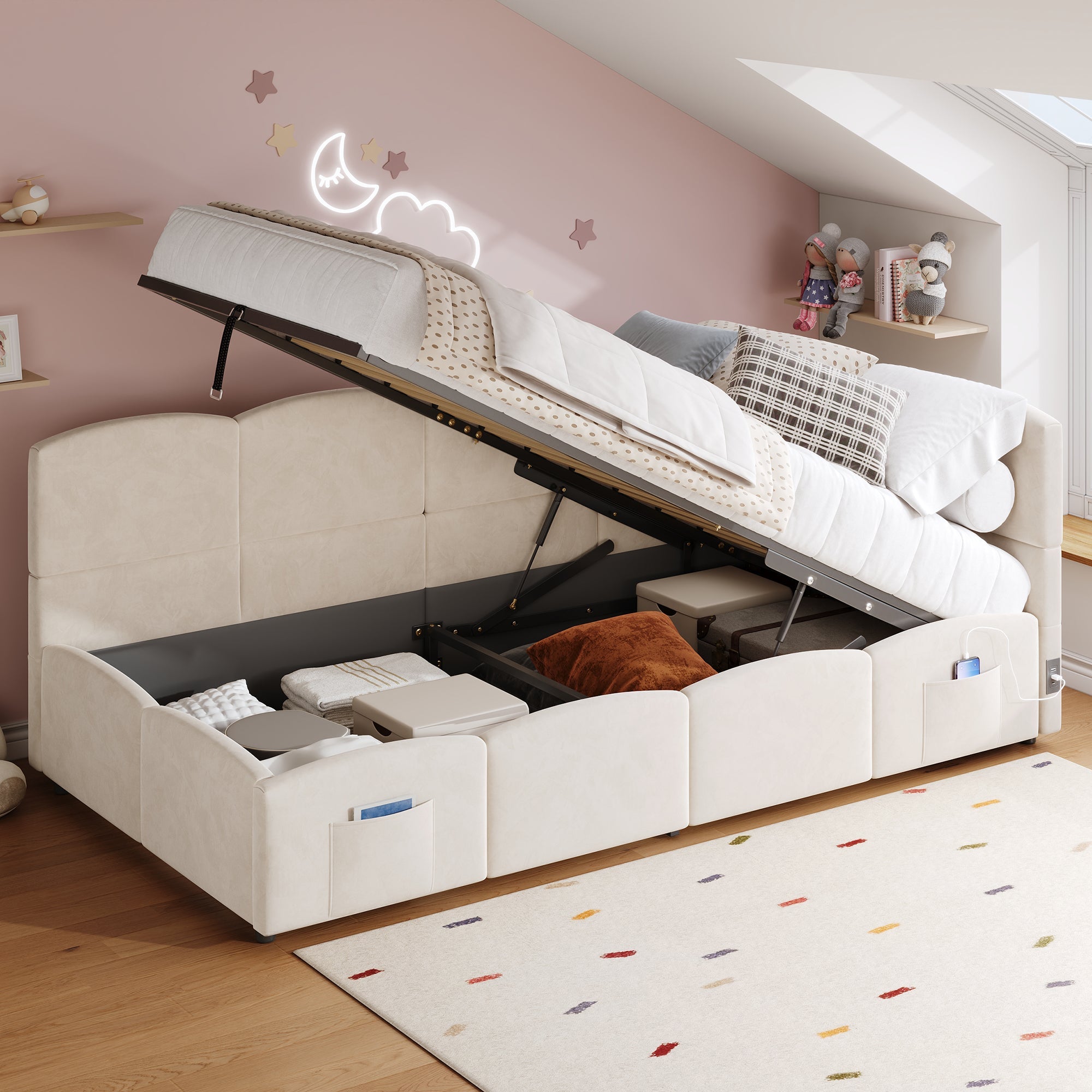 Upholstered Sofa Bed with USB Charger and Storage Bag, 90x200cm, Beige Velvet