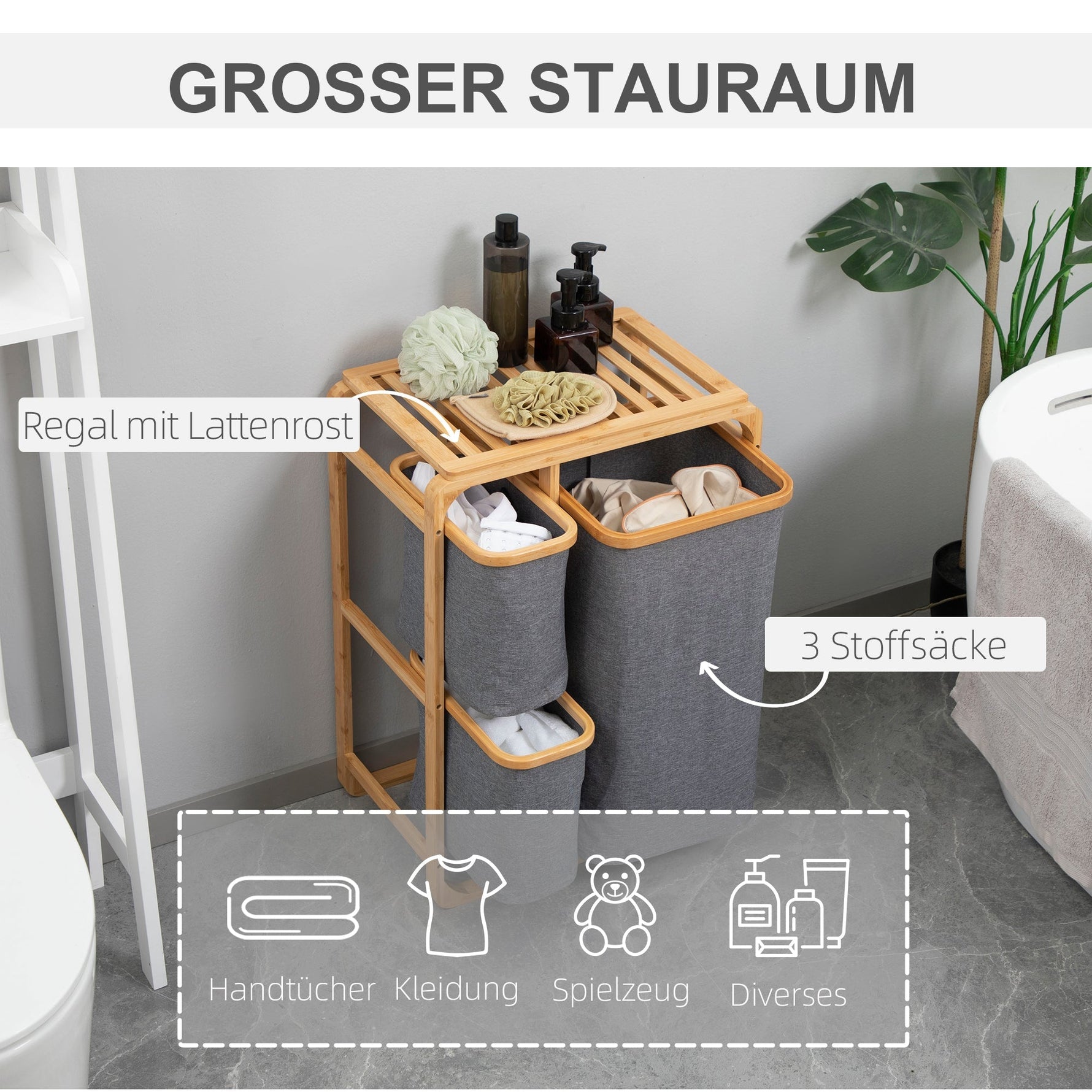 Laundry Basket, Platform Laundry Collector with 3 Removable Bags, Grey+Natural Bamboo