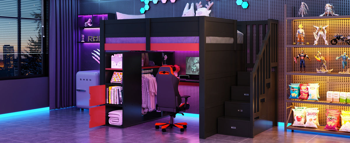 Gaming Wooden Loft Bed with Desk, Multi-Tier Storage, LED Lighting, USB Port and Staircase, Black and Red