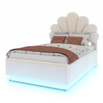 Upholstered Bed 90x200cm, Flower Headboard & Storage, Beige Velvet