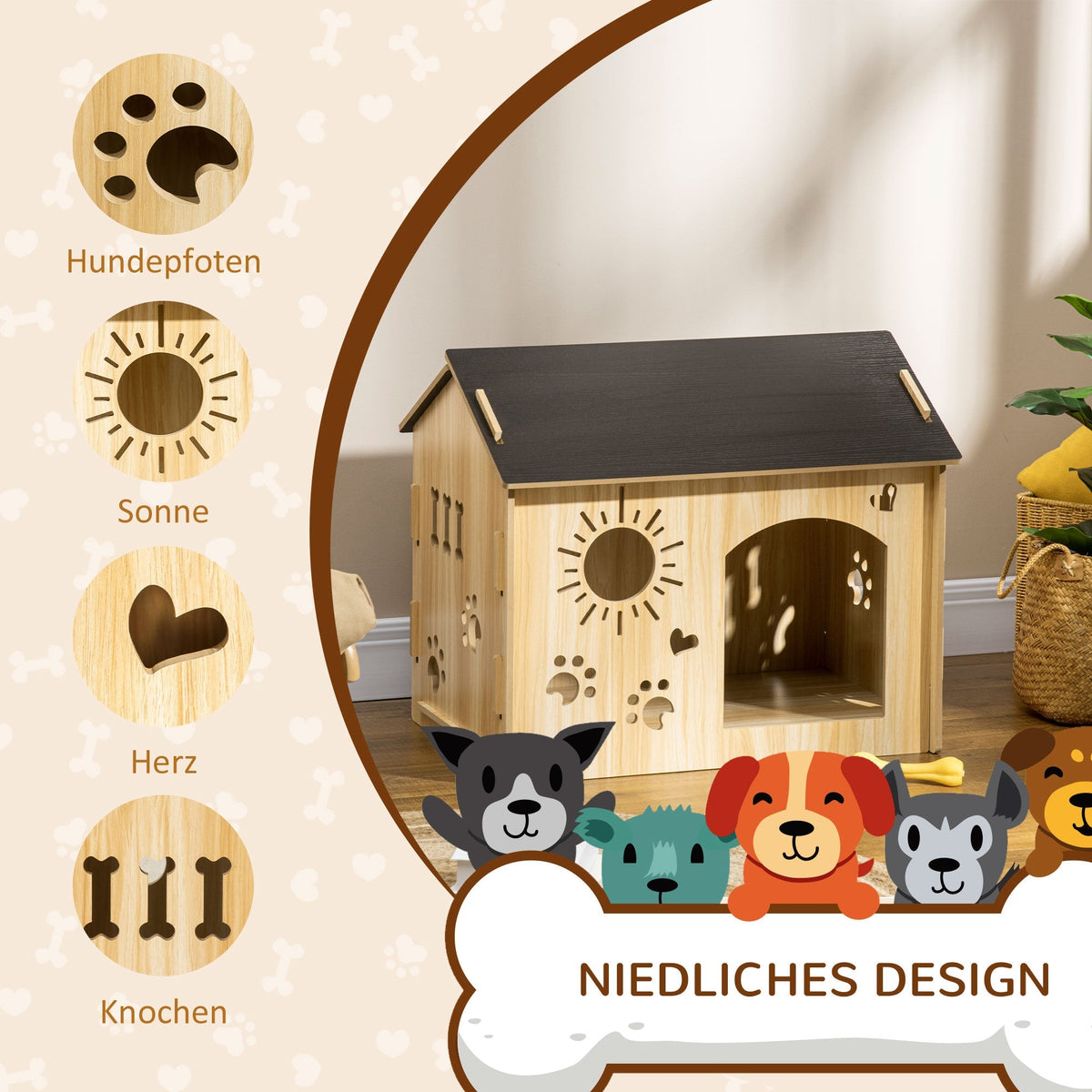 Dog House, Indoor with Roof and Ventilation, MDF Oak Black