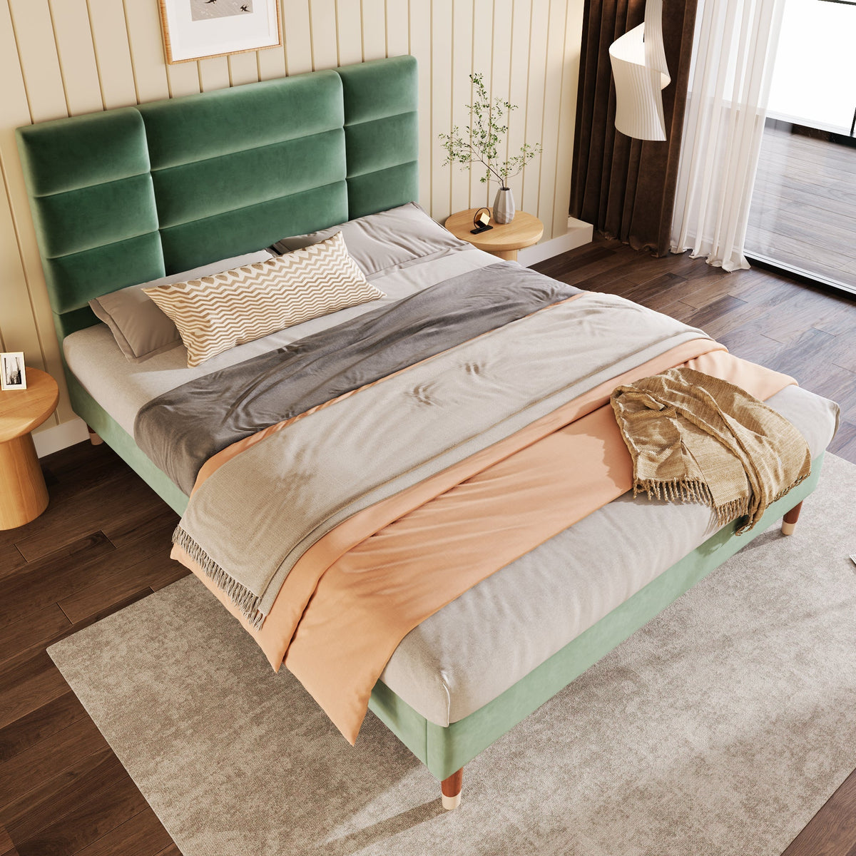 Upholstered Bed, 140x200cm Double with Slatted Frame & Headboard, Dark Green Velvet