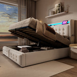 Upholstered Bed 140x200 LED USB Hydraulic Storage, Beige Cotton