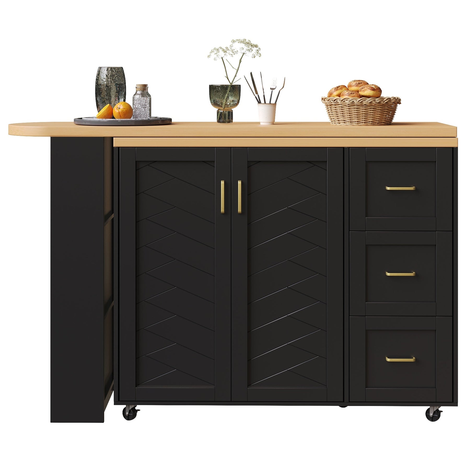 Extendable Bar Cart 2 Doors 3 Drawers Bar Table On Casters White/Black Wood Look