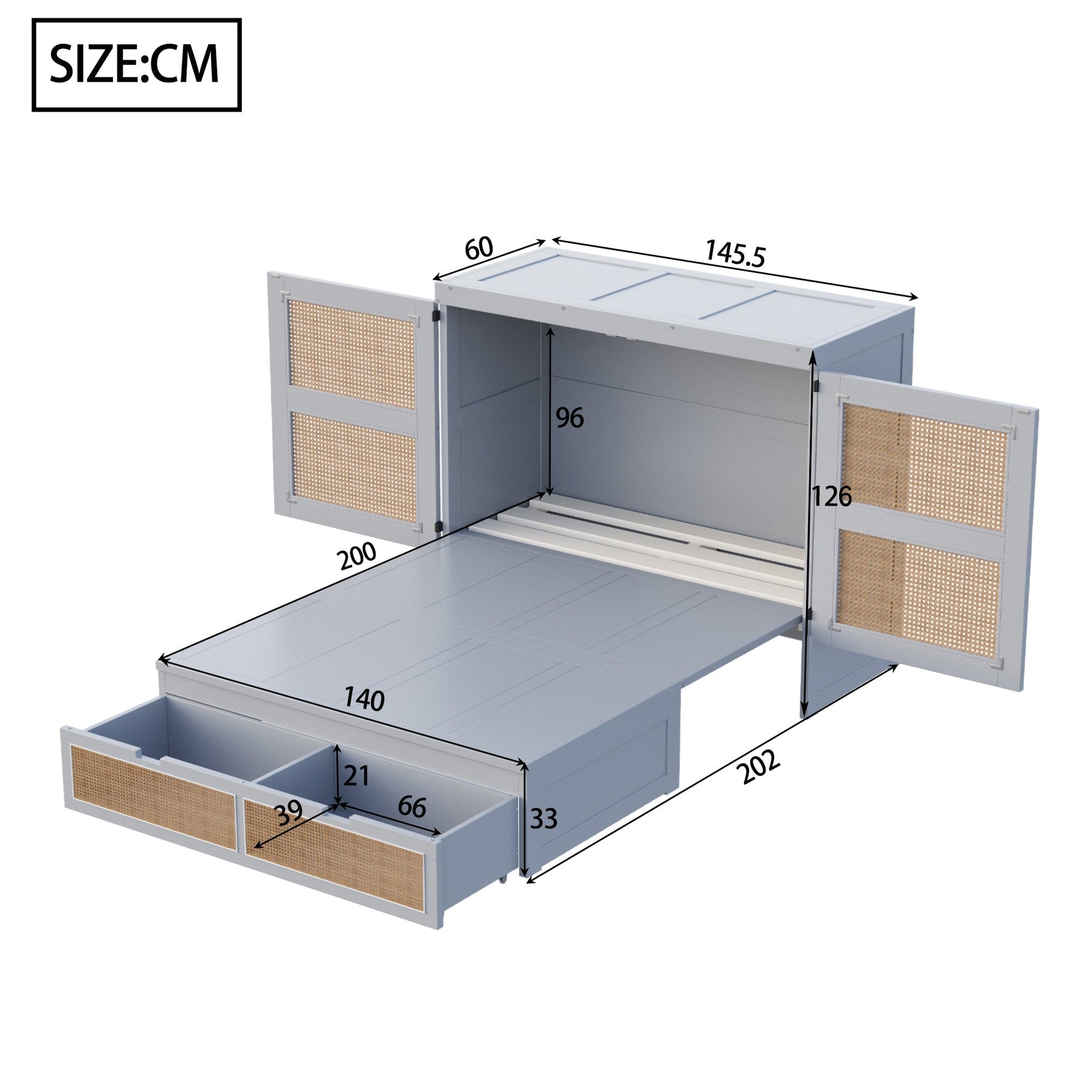 Dimensions of a multi-functional furniture piece with bed, cabinets, and drawers.