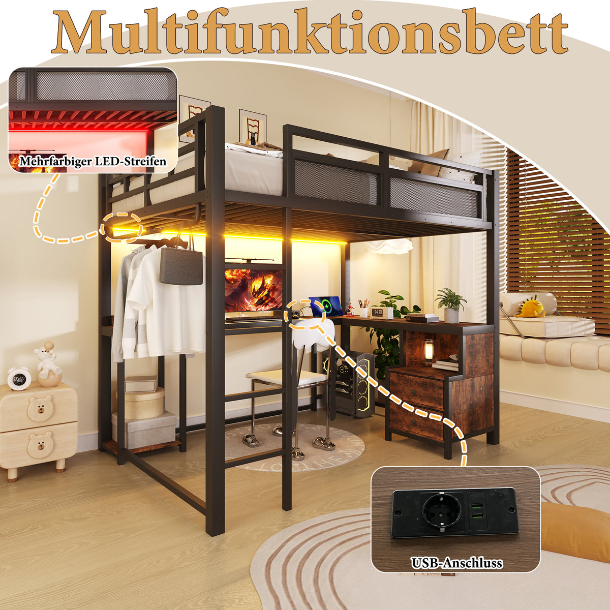Metal Loft Bed 140x200cm with Desk, LED & Storage, Metal