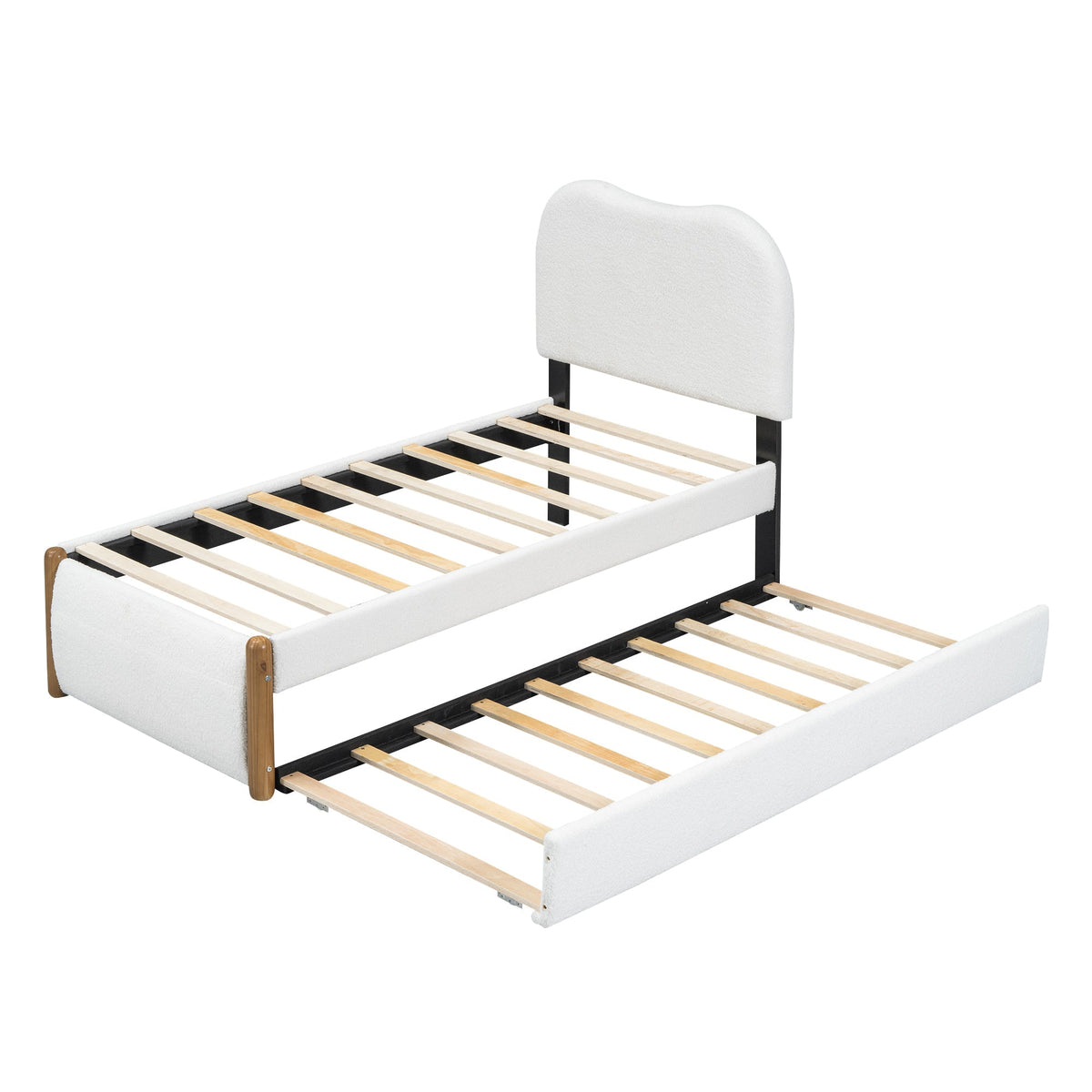 Upholstered Flat Bed with Pull-Out Trundle, 90x200cm, White Velvet