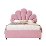 Upholstered Double Bed 90x200cm Floral Headboard Hydraulic Storage Velvet Beige/Pink