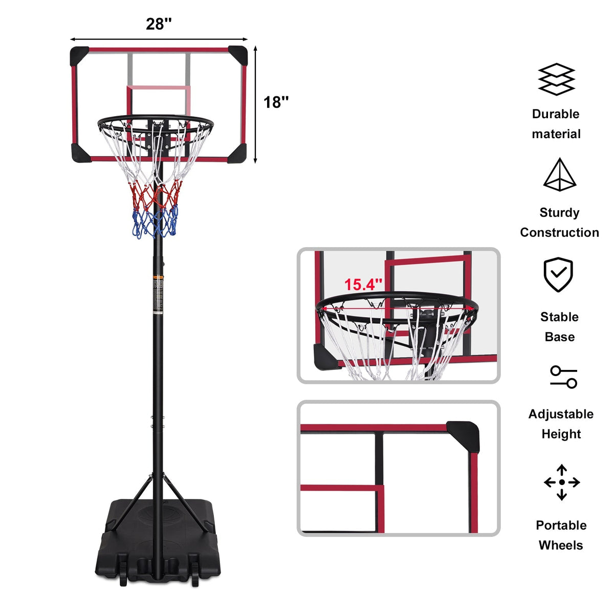 Portable Basketball Hoop, Adjustable Height 5.6-7FT, Indoor/Outdoor, Red