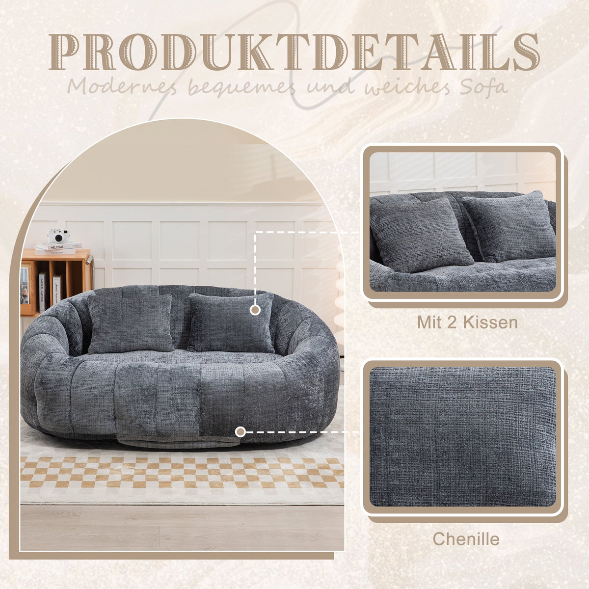 Bean Bag Sofa Chair, High Back Lounger for Adults/Kids, Indoor/Outdoor - Gray Chenille