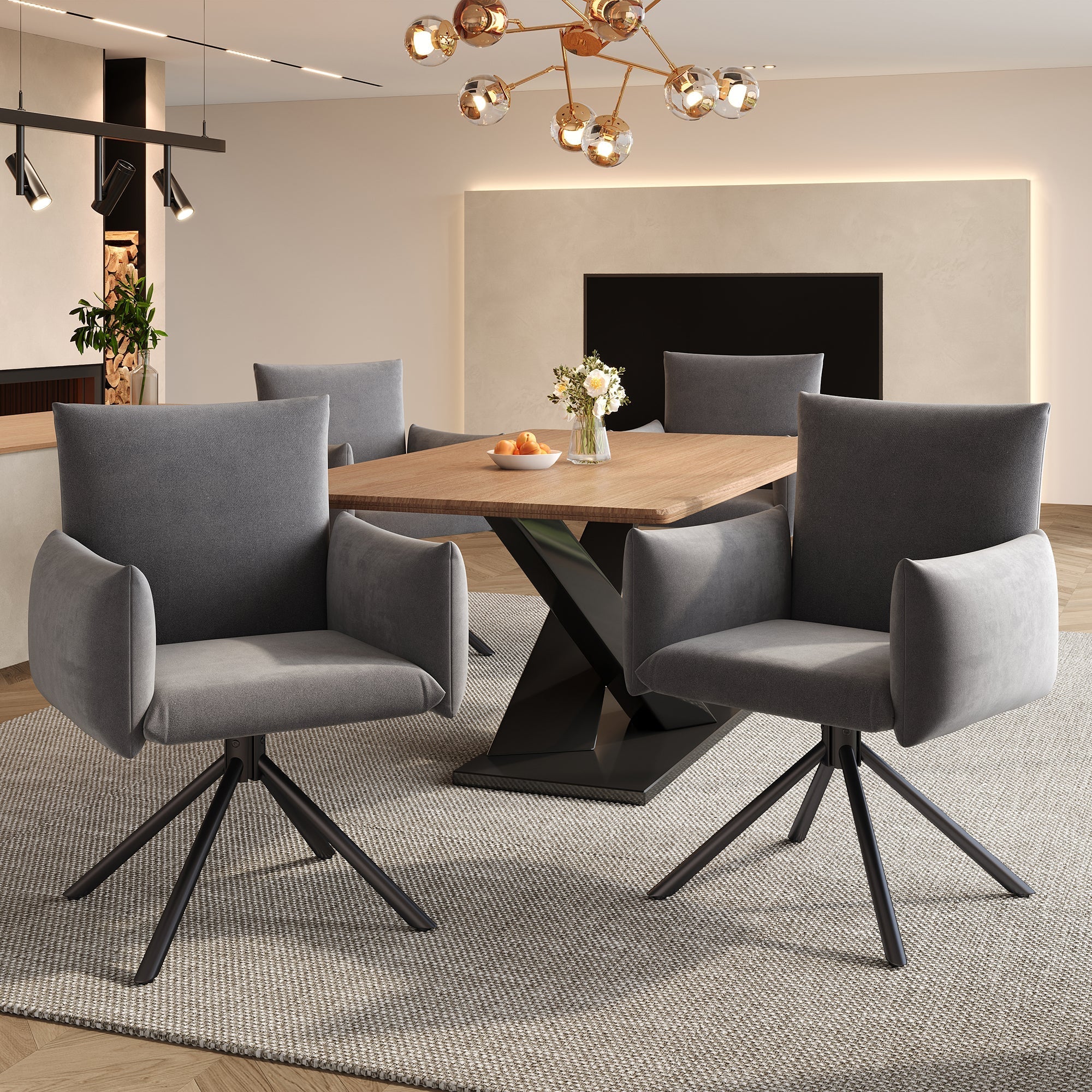Set of 4 Dining Chairs Upholstered Swivel Metal Legs - Velvet Grey