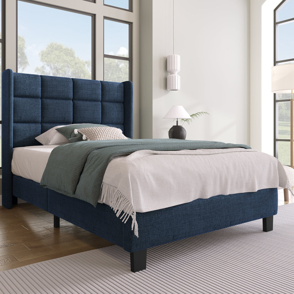 Modern design upholstered bed, single with slatted frame 90x200cm, blue linen