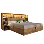 System Bed with Hydraulic Storage, Bedside Tables, LED & USB-C, 160x200cm, Oak Look Wood