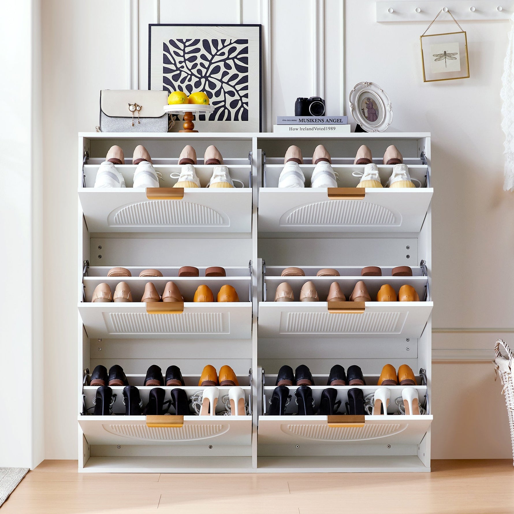 Shoe Cabinet 6 Flaps Open Shelves Freestanding 118x115x25cm - White