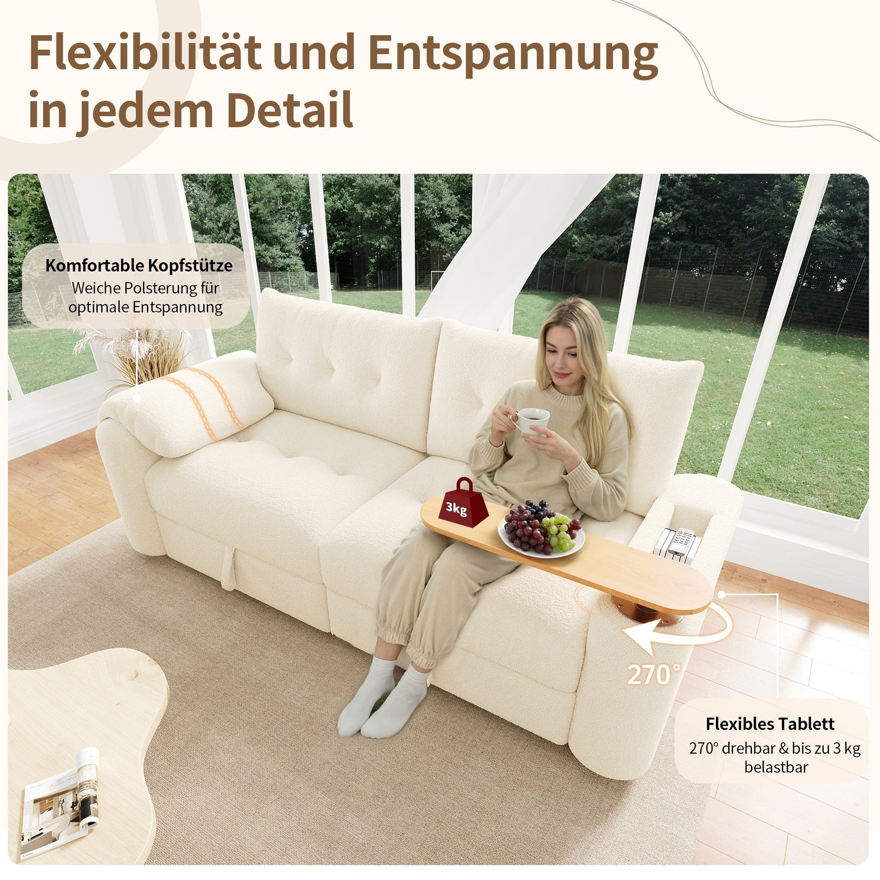 Teddy Plush Sofa, 3-Seater Modular Sofa Bed with Storage and Side Table, Beige