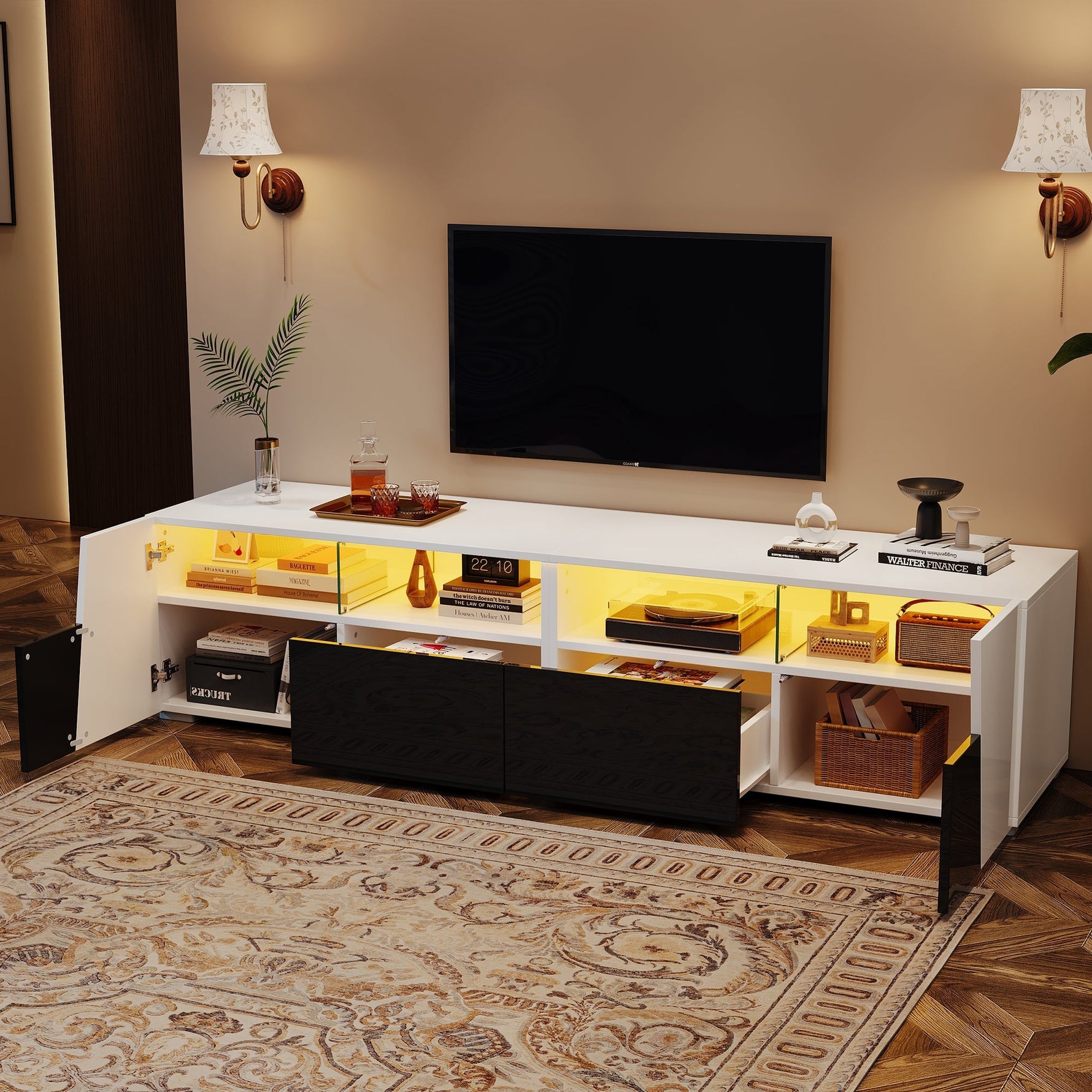 High-Gloss TV Stand 180cm LED 2 Drawers 2 Cabinets For 80 Inch TV - White/Black