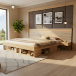 Double Bed 180x200cm Storage with LED, USB/Type-C, 2 Drawers & Bedside Tables Natural Wood
